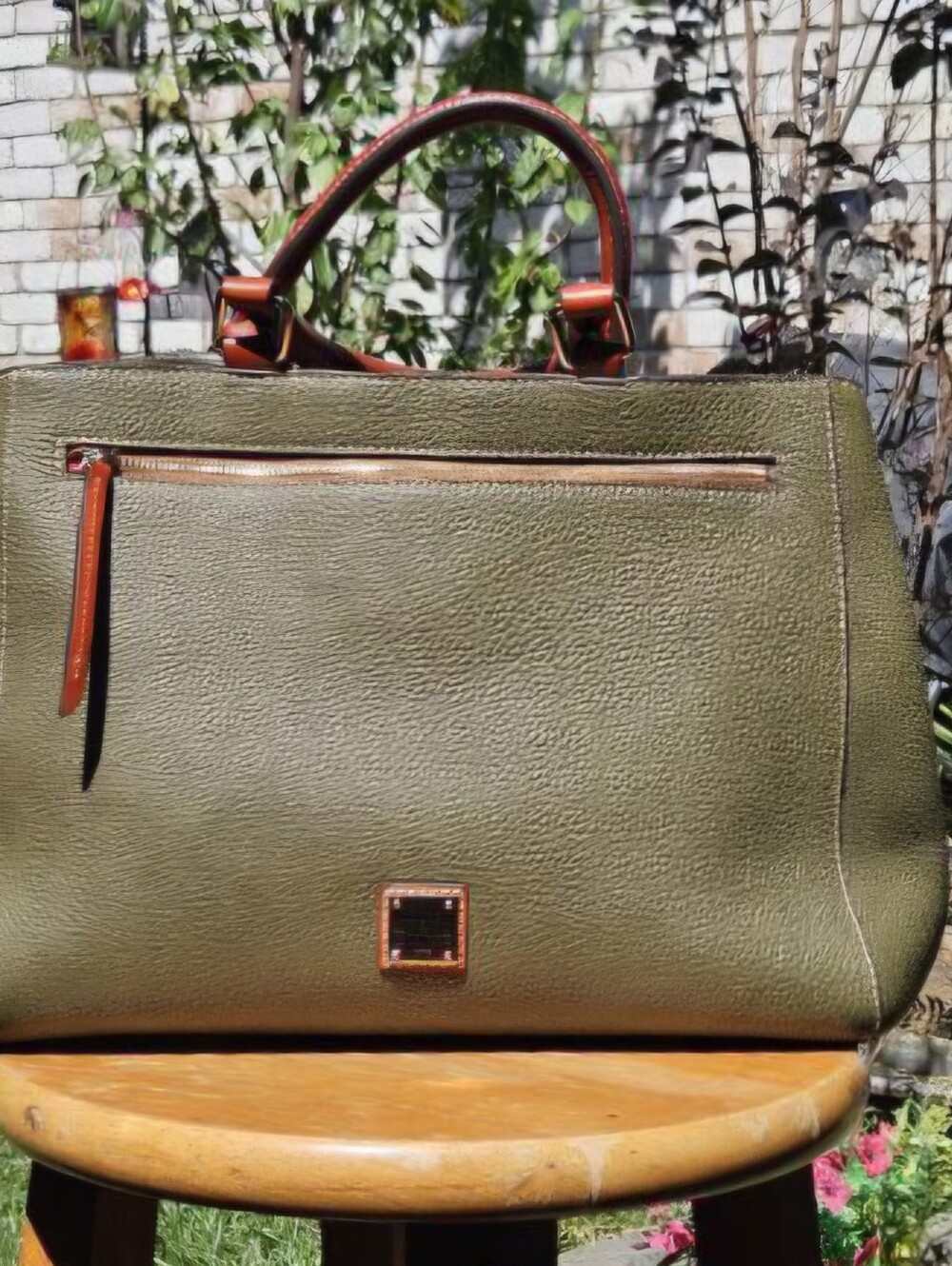 Like New Dooney & Bourke Olive Green Pebbled Leather Satchel with Brown Handles